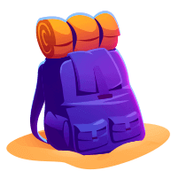 Purple backpack with a rolled-up sleeping bag, ready for adventure