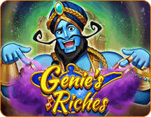 Genie's Riches Slot Game at Desert Nights online Casino, cloud of purple smoke surrounding the game title, genie with gold jewelry, turban, cufflinks, gems, moustache,