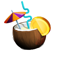 Brown coconut on the outside, white on the inside with a blue twirly straw coming out of it, a gold coin wedge on the right side, a purple and orange cocktail umbrella on the left side slightly in front of the blue twirly straw